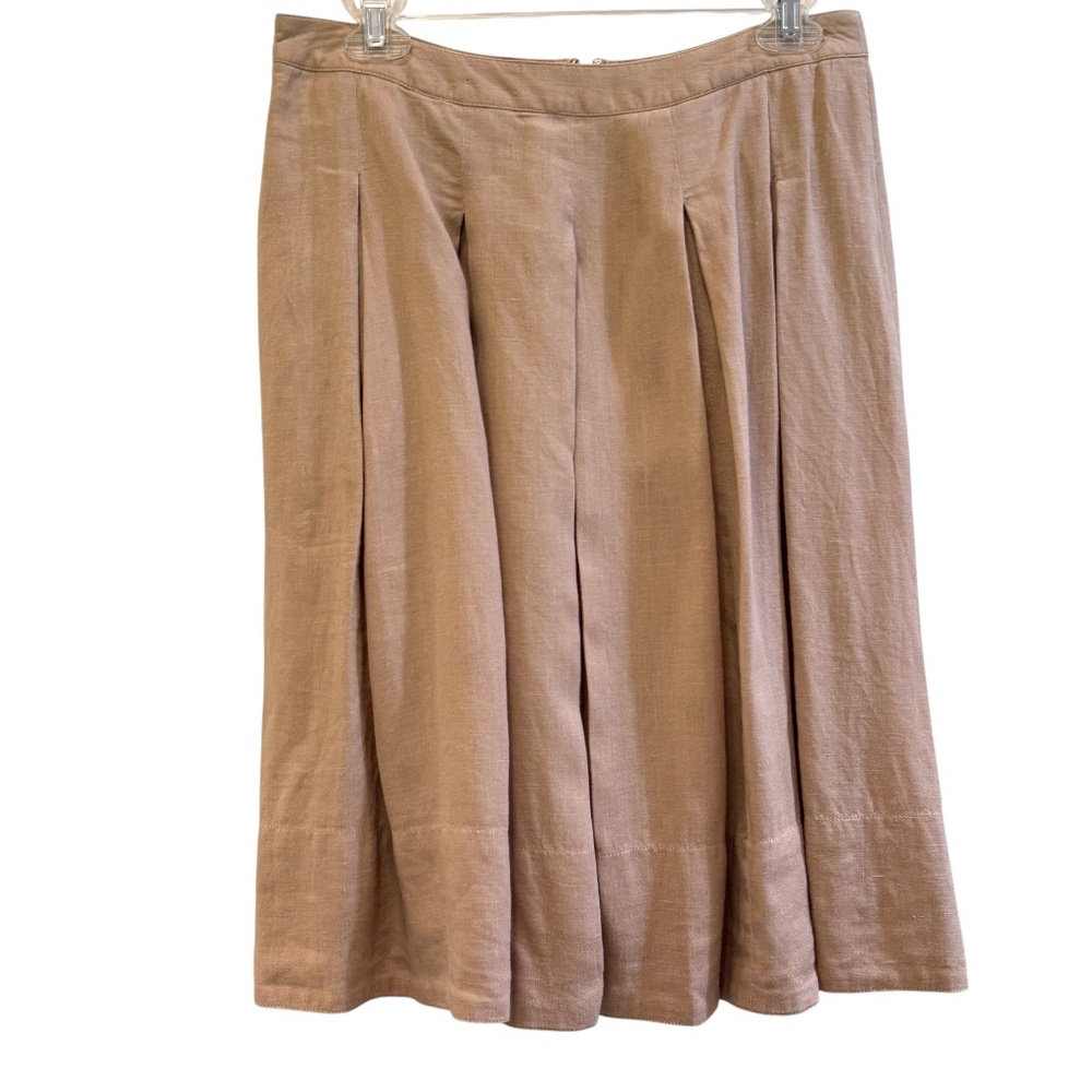 Talbots 100% linen pleated midi skirt khaki tan pockets old money academia